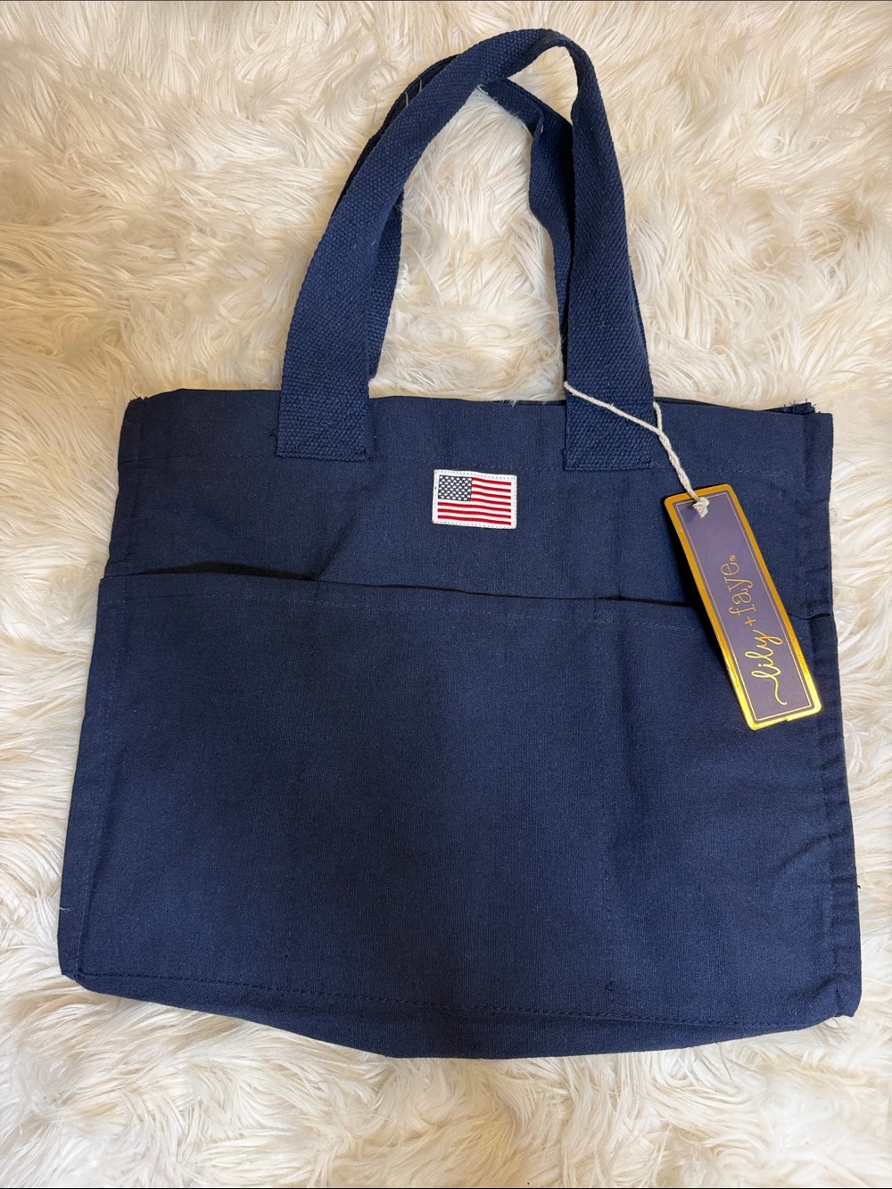 NWT, Lily & Faye Navy Canvas Tote with Flag Patch